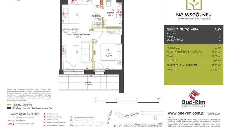 Rzut - Mieszkanie na sprzedaż 2 pokoje o powierzchni 36,53 m² - numer C25 w Na Wspólnej etap 2