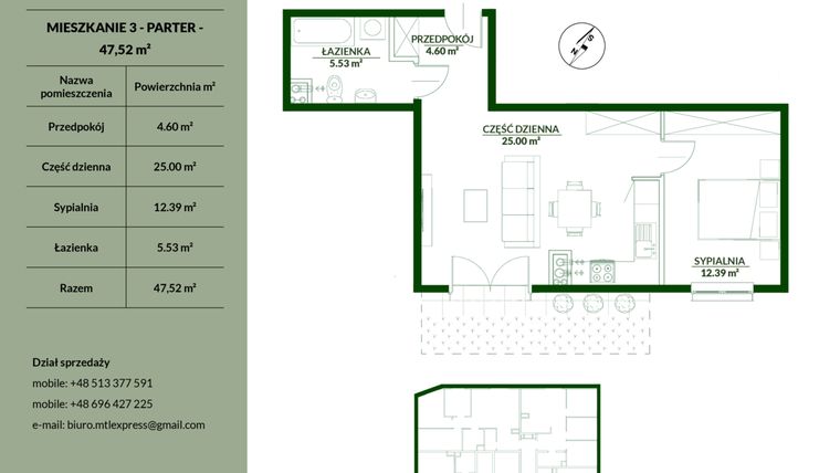 Rzut - Mieszkanie na sprzedaż 2 pokoje o powierzchni 47,52 m² - numer 3 w Bukowa etap II