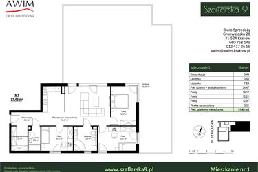 Rzut - Mieszkanie na sprzedaż 4 pokoje o powierzchni 91,49 m² - numer M1 w Szaflarska 9