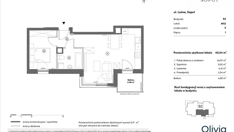 Rzut - Mieszkanie na sprzedaż 2 pokoje o powierzchni 40,54 m² - numer s2.1.12 w Leśna Sopot