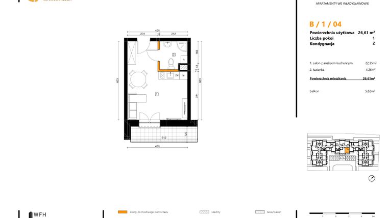Rzut - Mieszkanie na sprzedaż 1 pokój o powierzchni 26,61 m² - numer B.1.04 w SPOT