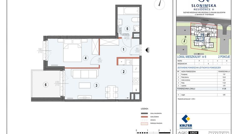 Rzut - Mieszkanie na sprzedaż 2 pokoje o powierzchni 41,96 m² - numer M8 w Słonimska Residence II
