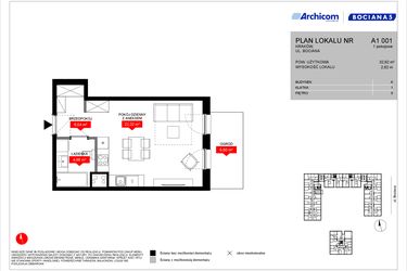 Rzut - Mieszkanie na sprzedaż 1 pokój o powierzchni 32,92 m² - numer A1 001 w Osiedle Bociana 5