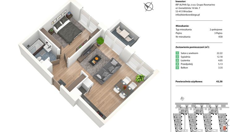 Rzut - Mieszkanie na sprzedaż 2 pokoje o powierzchni 43,58 m² - numer K30 w Nowe Żerniki Bieńkowskiego etap II