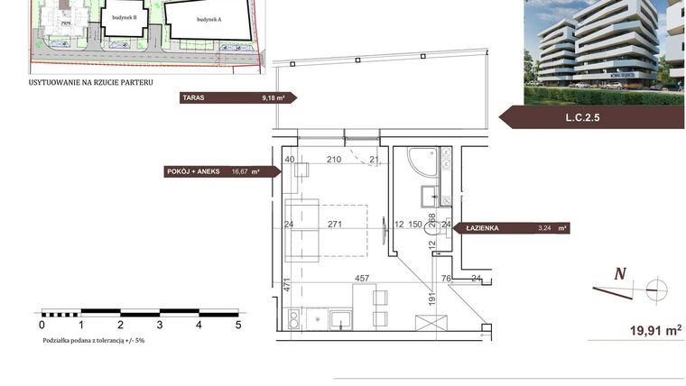 Rzut - Mieszkanie na sprzedaż 1 pokój o powierzchni 19,91 m² - numer L.C.2.5 w Royal Studios Smart Apartments etap 2