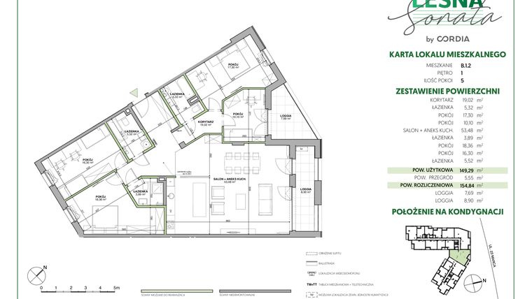 Rzut - Mieszkanie na sprzedaż 5 pokoi o powierzchni 149,29 m² - numer B.1.2 w Leśna Sonata