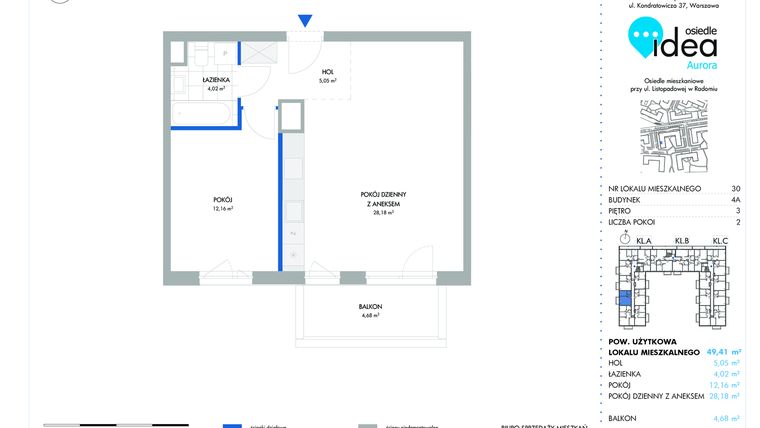 Rzut - Mieszkanie na sprzedaż 2 pokoje o powierzchni 49,47 m² - numer 30.4A w Osiedle Idea Aurora