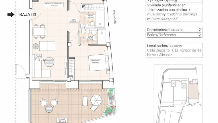 Rzut - Mieszkanie na sprzedaż 2 pokoje o powierzchni 90,05 m² - numer 3.3 w Mieszkania w Hondón de las Nieves - 65879943