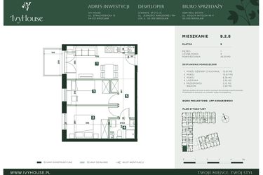 Rzut - Mieszkanie na sprzedaż 3 pokoje o powierzchni 43,39 m² - numer B.2.8 w IVY HOUSE