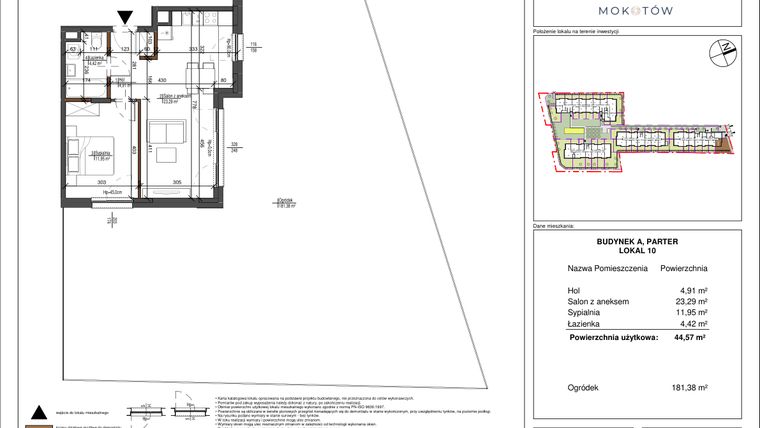 Rzut - Mieszkanie na sprzedaż 2 pokoje o powierzchni 44,57 m² - numer 10 w Aura Mokotów II