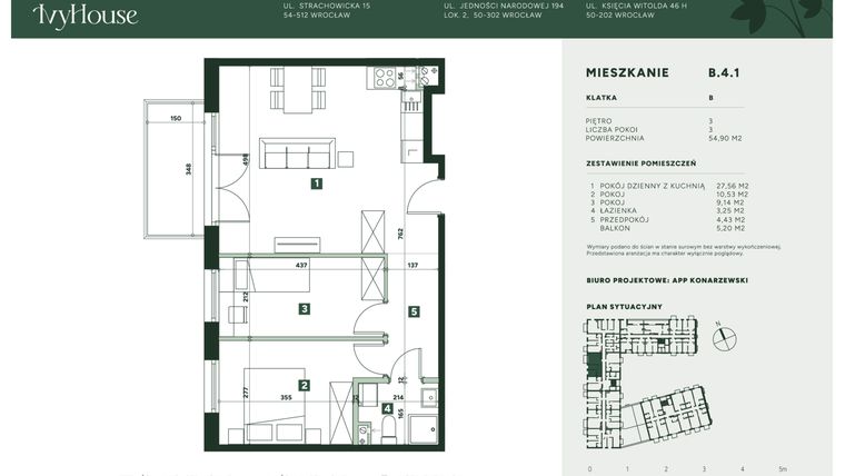 Rzut - Mieszkanie na sprzedaż 3 pokoje o powierzchni 54,9 m² - numer B.4.1 w IVY HOUSE