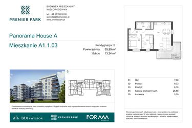 Rzut - Mieszkanie na sprzedaż 3 pokoje o powierzchni 55,99 m² - numer A1.1.03 w Premier Park II