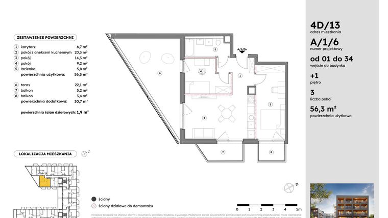 Rzut - Mieszkanie na sprzedaż 3 pokoje o powierzchni 56,3 m² - numer A/1/6 w Osiedle Mateckiego 4ALL