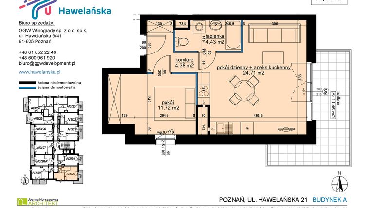 Rzut - Mieszkanie na sprzedaż 2 pokoje o powierzchni 45,24 m² - numer A/3/29 w Osiedle Hawelańska etap III - bud. A