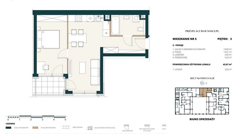 Rzut - Mieszkanie na sprzedaż 1 pokój o powierzchni 43,63 m² - numer 3. M5. w Przy Placu Wolności