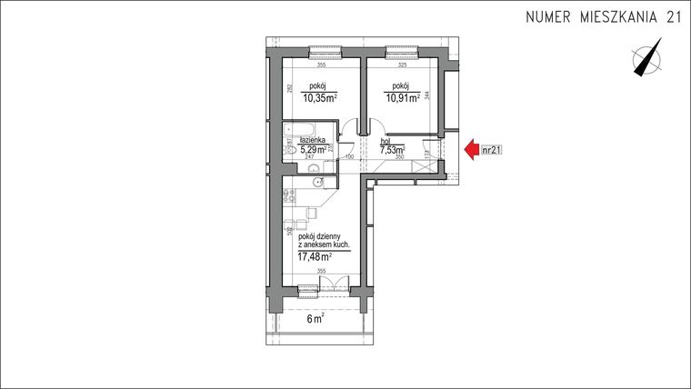 Rzut - Mieszkanie na sprzedaż 3 pokoje o powierzchni 51,56 m² - numer 1m.21 w Osiedle Rytm