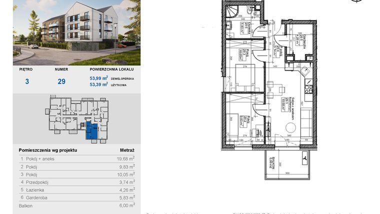 Rzut - Mieszkanie na sprzedaż 3 pokoje o powierzchni 53,39 m² - numer 29 w Balantia