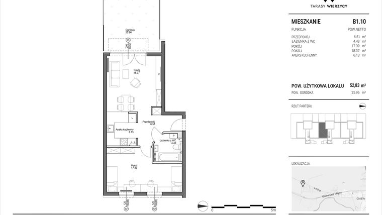 Rzut - Mieszkanie na sprzedaż 2 pokoje o powierzchni 52,83 m² - numer B1.10 w Tarasy Wierzycy