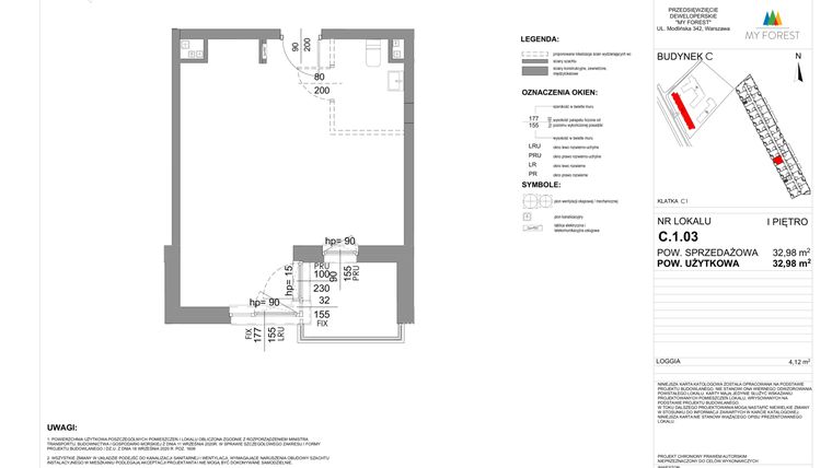 Rzut - Mieszkanie na sprzedaż 1 pokój o powierzchni 32,98 m² - numer C.1.03 w My Forest - Apartamenty inwestycyjne