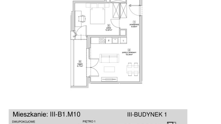 Rzut - Mieszkanie na sprzedaż 2 pokoje o powierzchni 48,93 m² - numer III-B1.M10 w Strefa Cegielnia 3