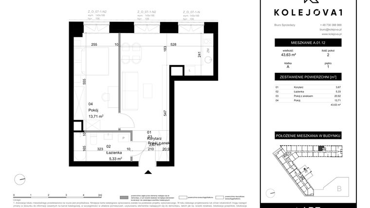 Rzut - Mieszkanie na sprzedaż 2 pokoje o powierzchni 43,63 m² - numer A-01-12 w Kolejova 1