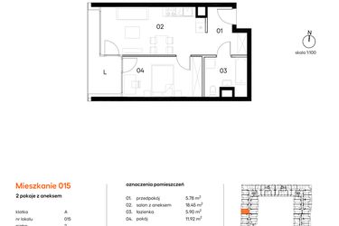 Rzut - Mieszkanie na sprzedaż 2 pokoje o powierzchni 42,05 m² - numer A015 w Miasto Polskich Mistrzów Olimpijskich