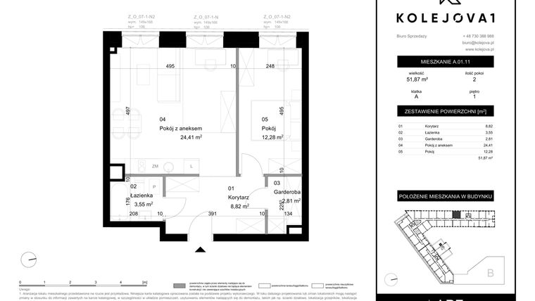 Rzut - Mieszkanie na sprzedaż 2 pokoje o powierzchni 51,87 m² - numer A-01-11 w Kolejova 1