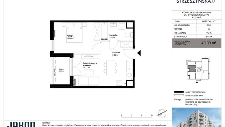 Rzut - Mieszkanie na sprzedaż 2 pokoje o powierzchni 40,99 m² - numer 77D.17 w Strzeszyńska 77