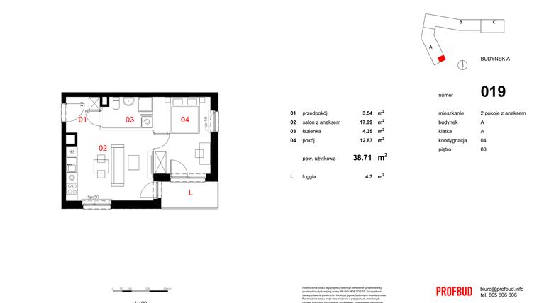 Rzut - Mieszkanie na sprzedaż 2 pokoje o powierzchni 38,73 m² - numer 019 w Osiedle Mocha Tower