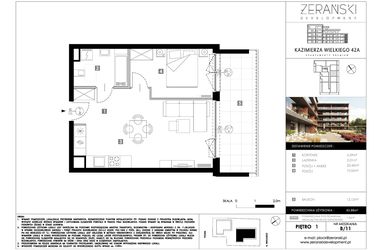 Rzut - Mieszkanie na sprzedaż 2 pokoje o powierzchni 43,88 m² - numer B11 w Kazimierza Wielkiego 42A etap II