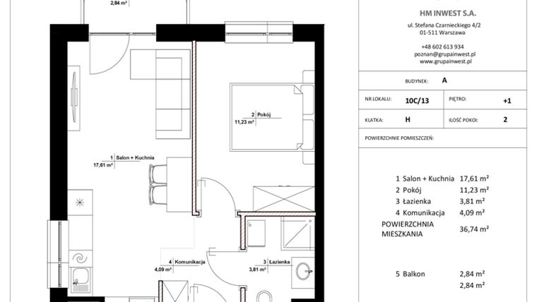 Rzut - Mieszkanie na sprzedaż 2 pokoje o powierzchni 36,74 m² - numer 10C/13 w Jasielska 8C etap II