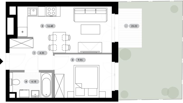 Rzut - Mieszkanie na sprzedaż 2 pokoje o powierzchni 34,96 m² - numer B.0.M1 w Nowe Radwanice