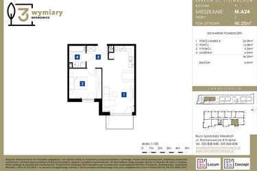 Rzut - Mieszkanie na sprzedaż 2 pokoje o powierzchni 46,25 m² - numer M.A24 w 3 Wymiary Bronowice