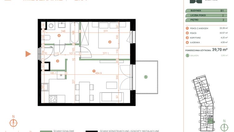 Rzut - Mieszkanie na sprzedaż 2 pokoje o powierzchni 39,7 m² - numer M.02.01 w Casa Feliz Portowa II