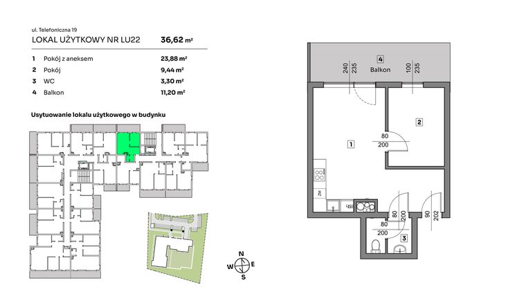 Rzut - Mieszkanie na sprzedaż 2 pokoje o powierzchni 36,62 m² - numer L.U. 22 w Nova Radiostacja - apartamenty inwestycyjne