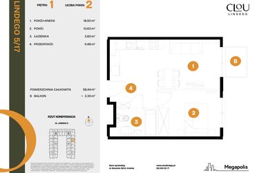 Rzut - Mieszkanie na sprzedaż 2 pokoje o powierzchni 38,44 m² - numer 17 w CLOU LINDEGO