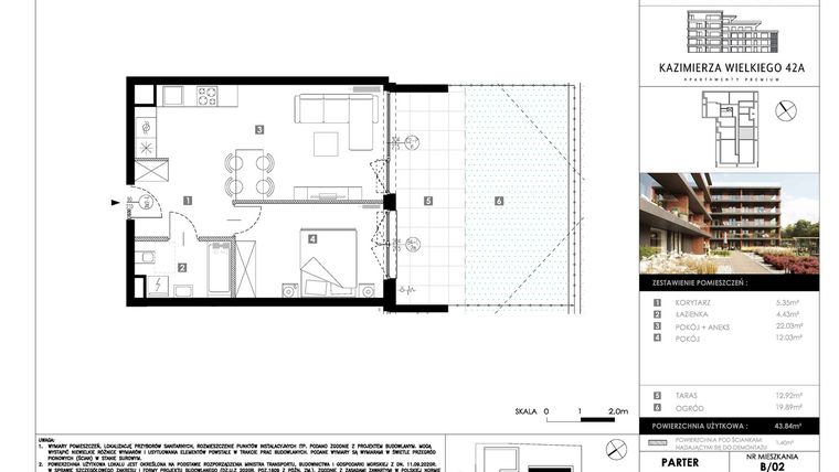 Rzut - Mieszkanie na sprzedaż 2 pokoje o powierzchni 43,84 m² - numer B02 w Kazimierza Wielkiego 42A etap II