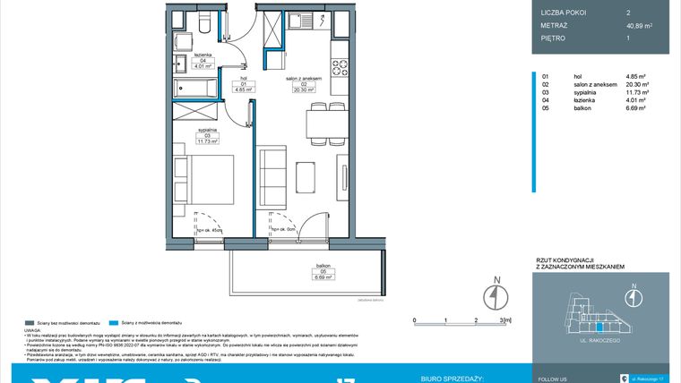 Rzut - Mieszkanie na sprzedaż 2 pokoje o powierzchni 40,9 m² - numer A.1.5 w Rakoczego 17