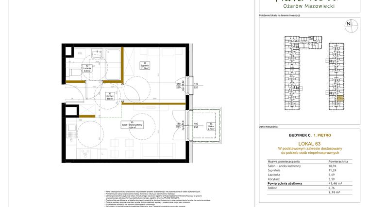 Rzut - Mieszkanie na sprzedaż 2 pokoje o powierzchni 41,46 m² - numer 63 w Aura Nova etap II