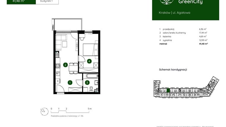 Rzut - Mieszkanie na sprzedaż 2 pokoje o powierzchni 41,48 m² - numer 1.A.2.03 w Murapol GreenCity bud. 1