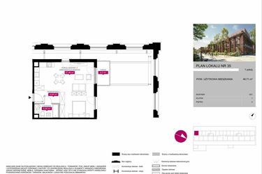 Rzut - Mieszkanie na sprzedaż 1 pokój o powierzchni 46,57 m² - numer G1.35 w Fuzja Mieszkania Loftowe