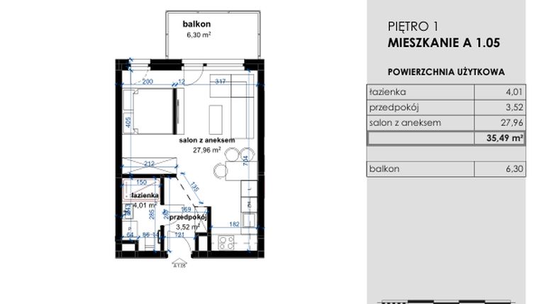 Rzut - Mieszkanie na sprzedaż 1 pokój o powierzchni 35,49 m² - numer A 1.05 w Osiedle Kwiatowe