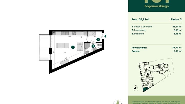 Rzut - Mieszkanie na sprzedaż 1 pokój o powierzchni 33,99 m² - numer POGO2/A/4D w Pogonowskiego 52