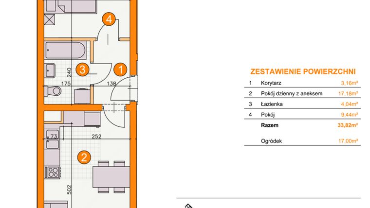 Rzut - Mieszkanie na sprzedaż 2 pokoje o powierzchni 33,82 m² - numer BI/D4 w Osiedle Bocianie Gniazdo 2