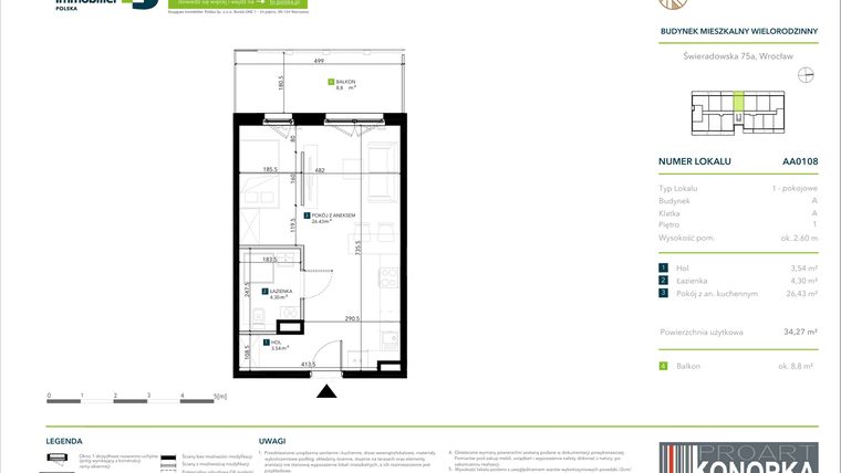 Rzut - Mieszkanie na sprzedaż 1 pokój o powierzchni 34,27 m² - numer AA0108 w Vivre