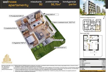 Rzut - Mieszkanie na sprzedaż 3 pokoje o powierzchni 56,75 m² - numer B2 w Osiedle Wełnowe Apartamenty