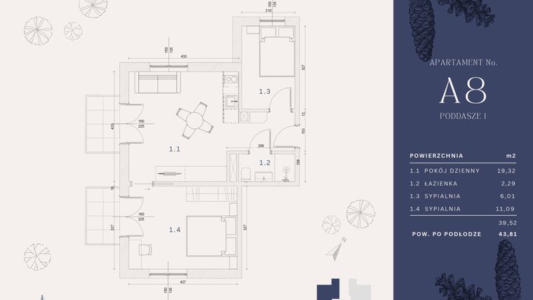 Rzut - Mieszkanie na sprzedaż 4 pokoje o powierzchni 40,62 m² - numer A8 w Rysulówka 70