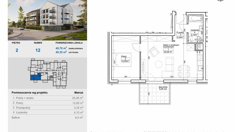 Rzut - Mieszkanie na sprzedaż 2 pokoje o powierzchni 45,35 m² - numer 12 w Balantia