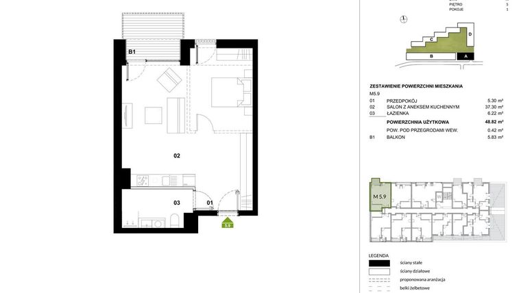 Rzut - Mieszkanie na sprzedaż 1 pokój o powierzchni 49,24 m² - numer A.5.9 w Kozielska Park