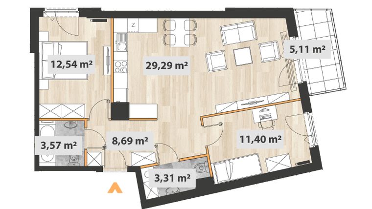 Rzut - Mieszkanie na sprzedaż 3 pokoje o powierzchni 70,52 m² - numer B.04.10 w Na Okrzei